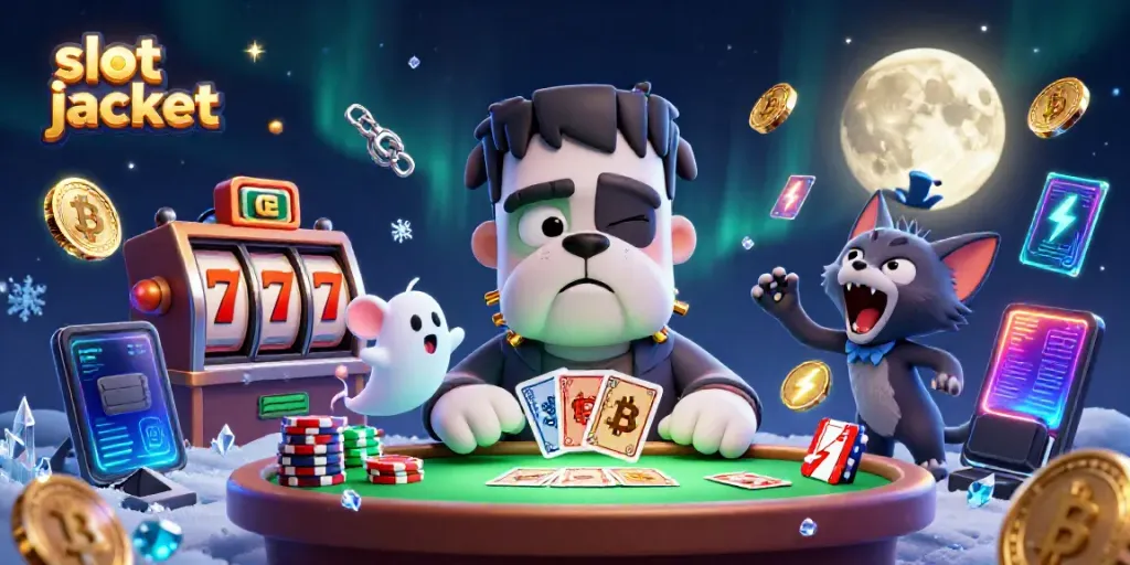 Engage in thrilling slot jackpot gameplay with iconic characters and casino elements in a vivid illustration.