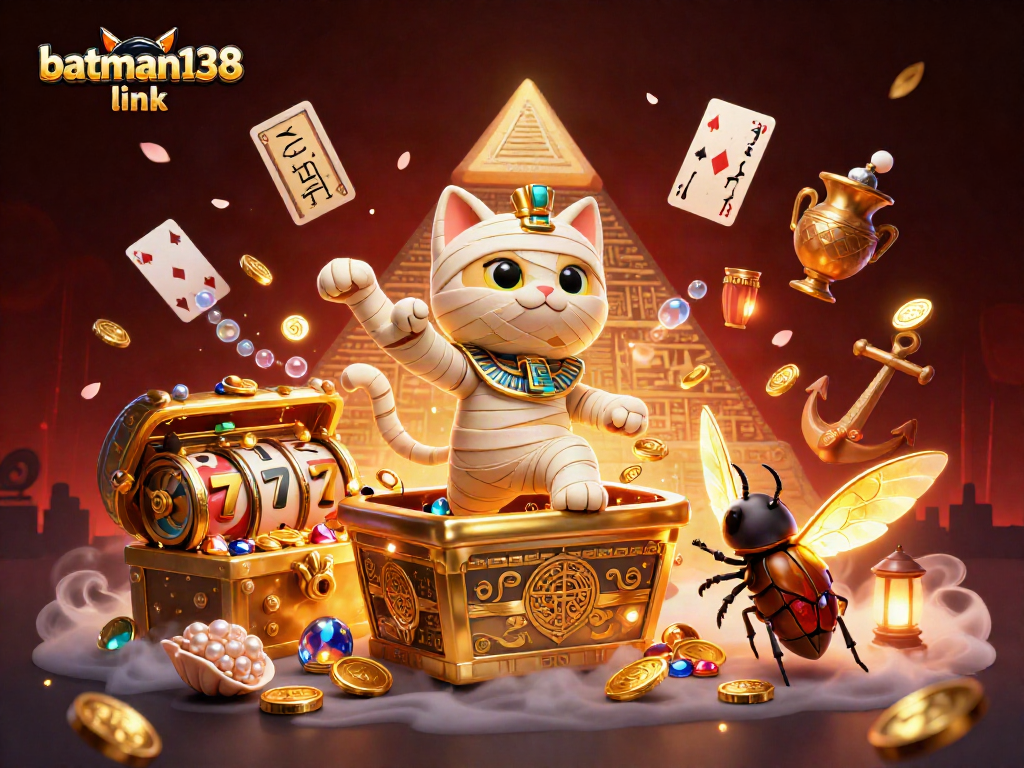 Engage with the thrilling batman138 link in this colorful 3D casino scene featuring a mummy cat and treasures.