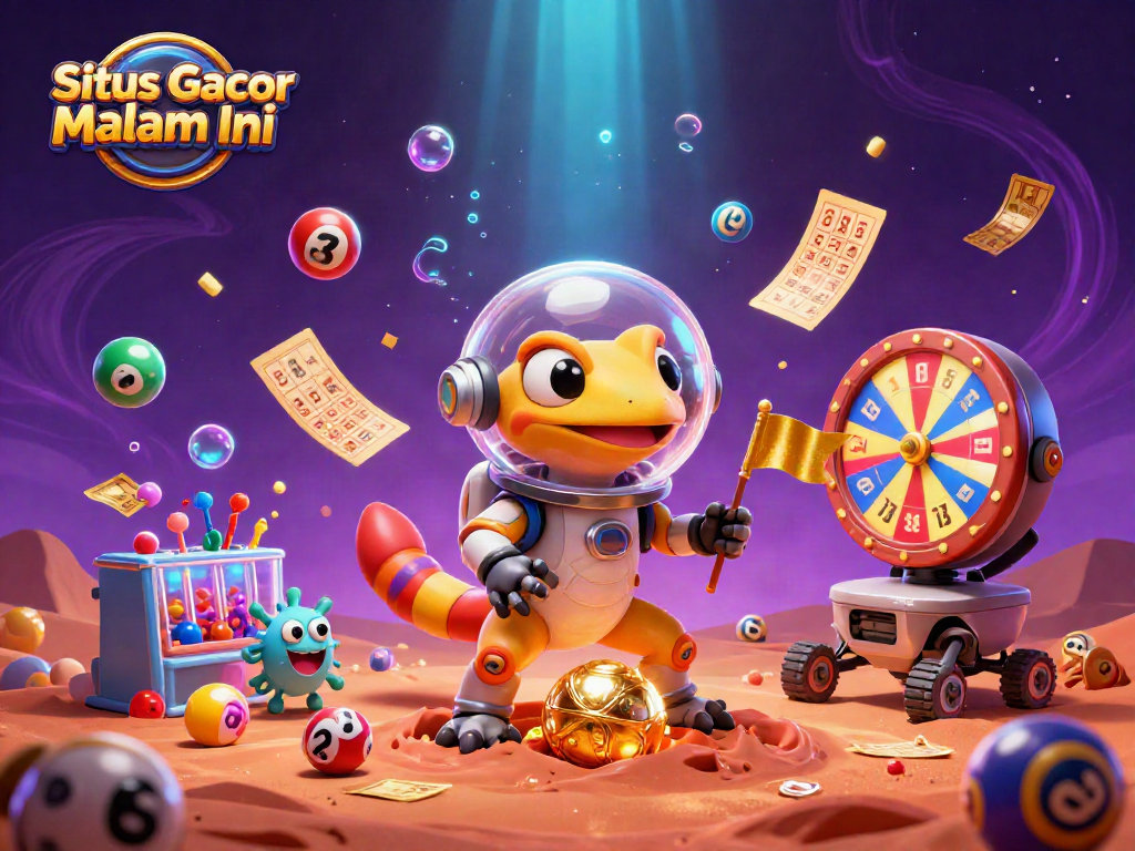 Situs Gacor Malam Ini features a Martian gecko exploring a golden casino with vibrant gambling elements.
