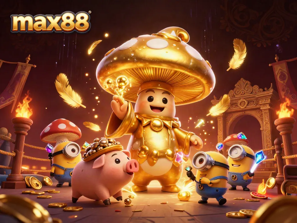 Experience the excitement of max88 with a magical golden mushroom wizard and treasures in a vibrant casino scene.