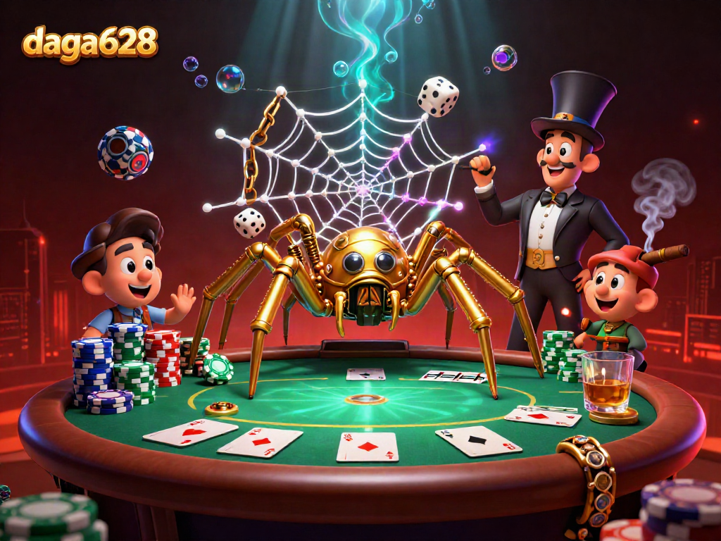 daga628 brings to life a 3D steampunk spider capturing dice in a vibrant casino scene.