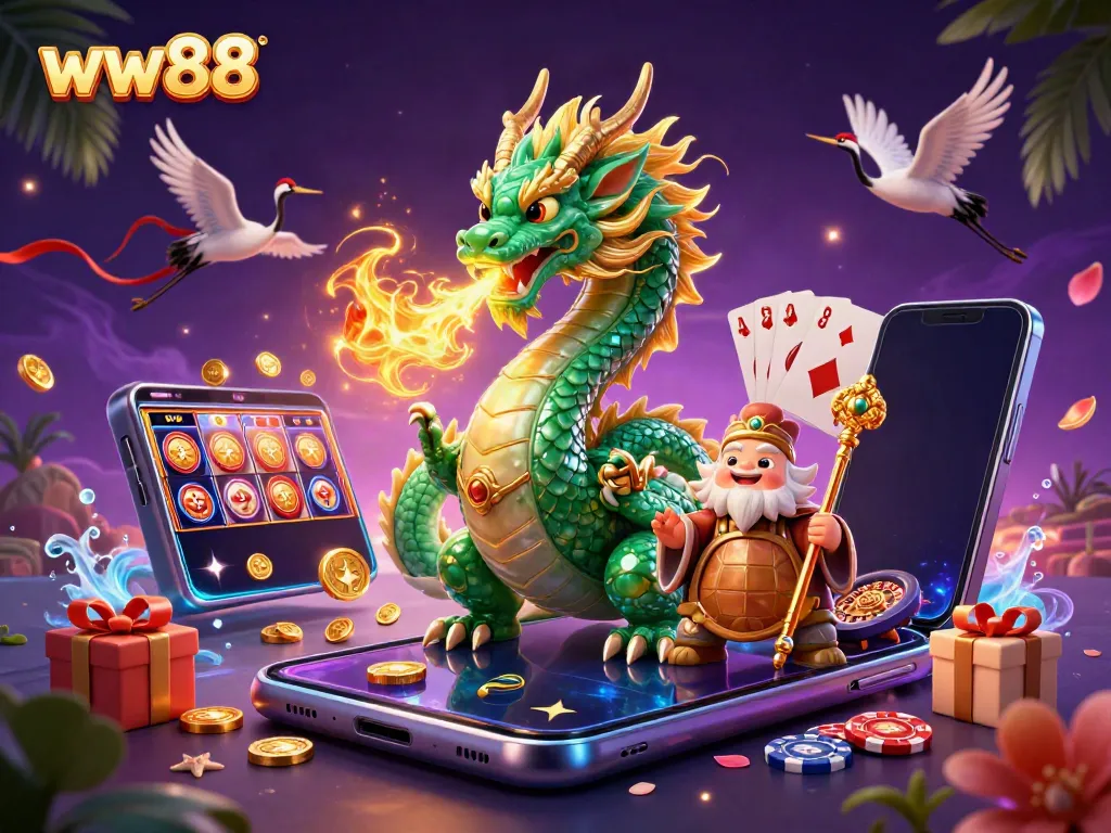 Experience exciting gambling adventures with the mystical ww88 dragon and sage, surrounded by vibrant casino elements.