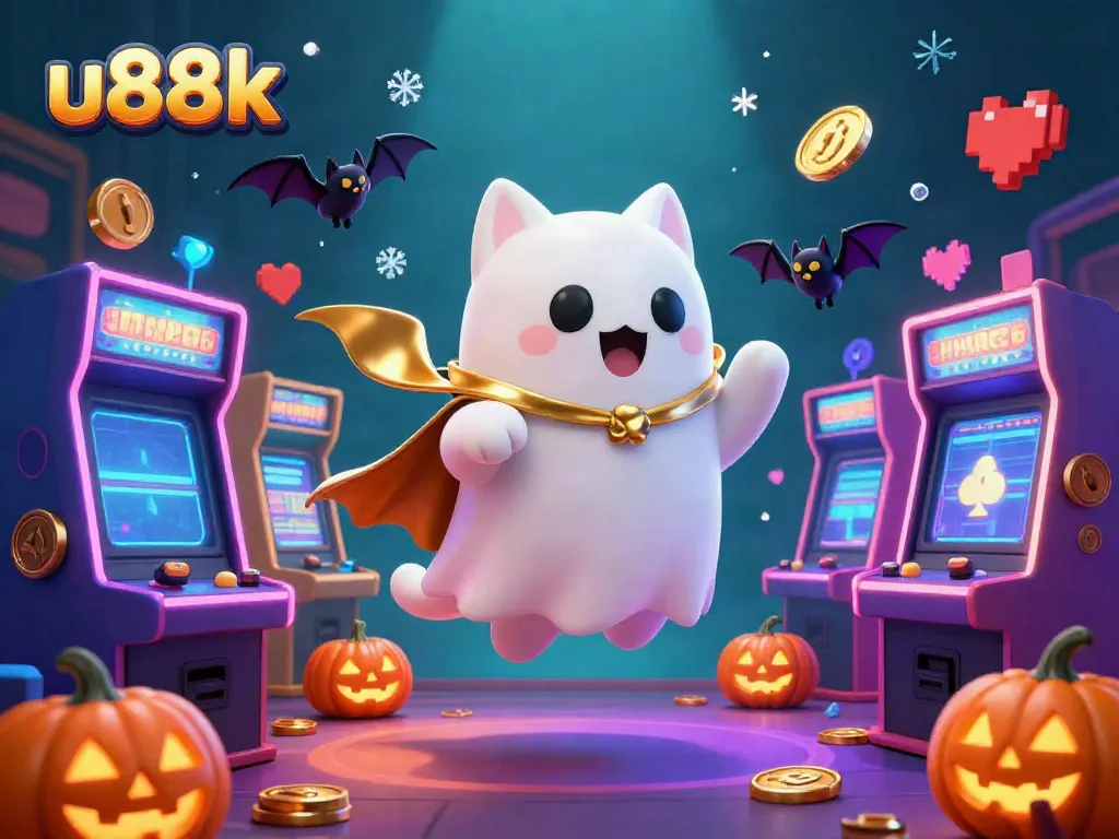 Experience u88k's thrilling ghostly gaming session with vibrant characters in a lively casino atmosphere.
