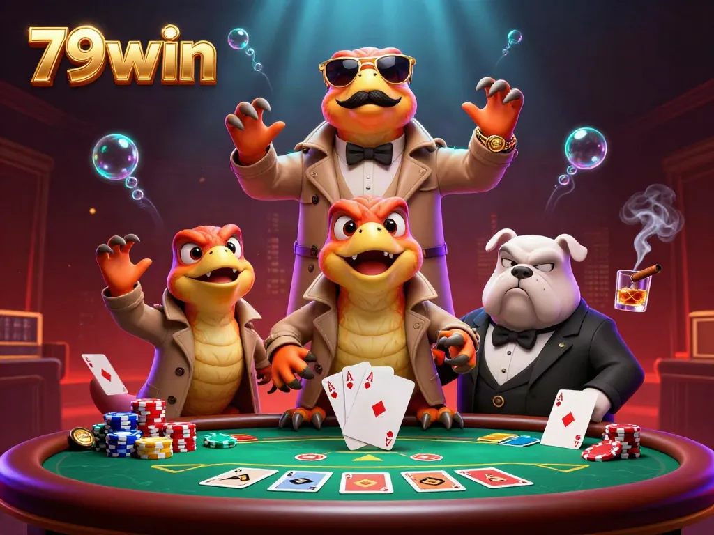 Experience the excitement of 79win as raptors in disguise attempt to enter a VIP casino lounge surrounded by vibrant gaming elements.