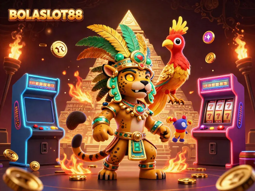 BOLASLOT88 casino scene featuring an ancient Mayan priest, a quetzal bird, and vibrant game machines.