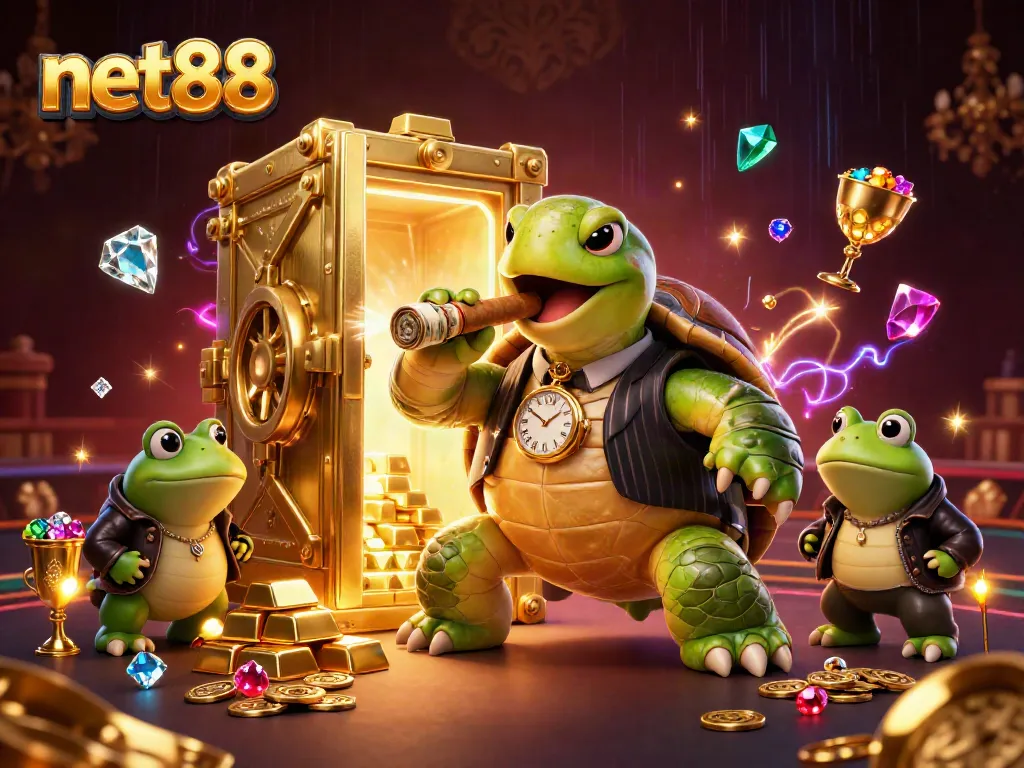 Experience Net88's thrilling action with our massive snapping turtle and frog enforcers in a dynamic casino adventure.