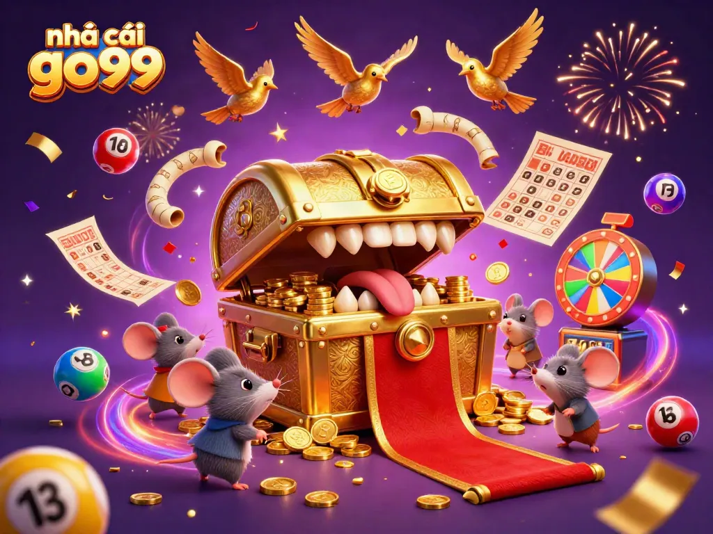 Experience fun with nhà cái go99, featuring a dynamic 3D treasure chest and colorful gaming elements.