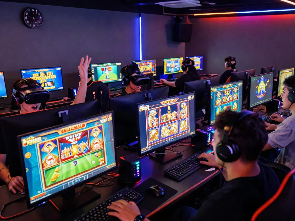 Exciting online gaming scene with players enjoying slot maxwin games surrounded by colorful screens and vibrant LED lighting.