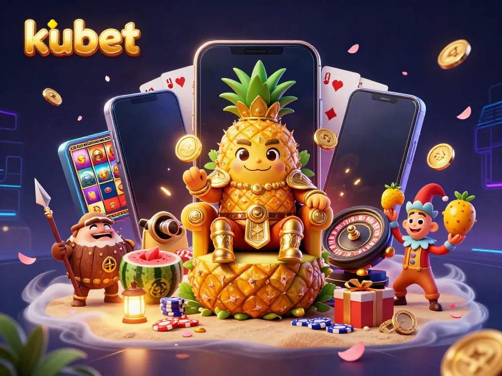 Engage with kubet's vibrant casino scene featuring a pineapple king and dynamic gaming elements.