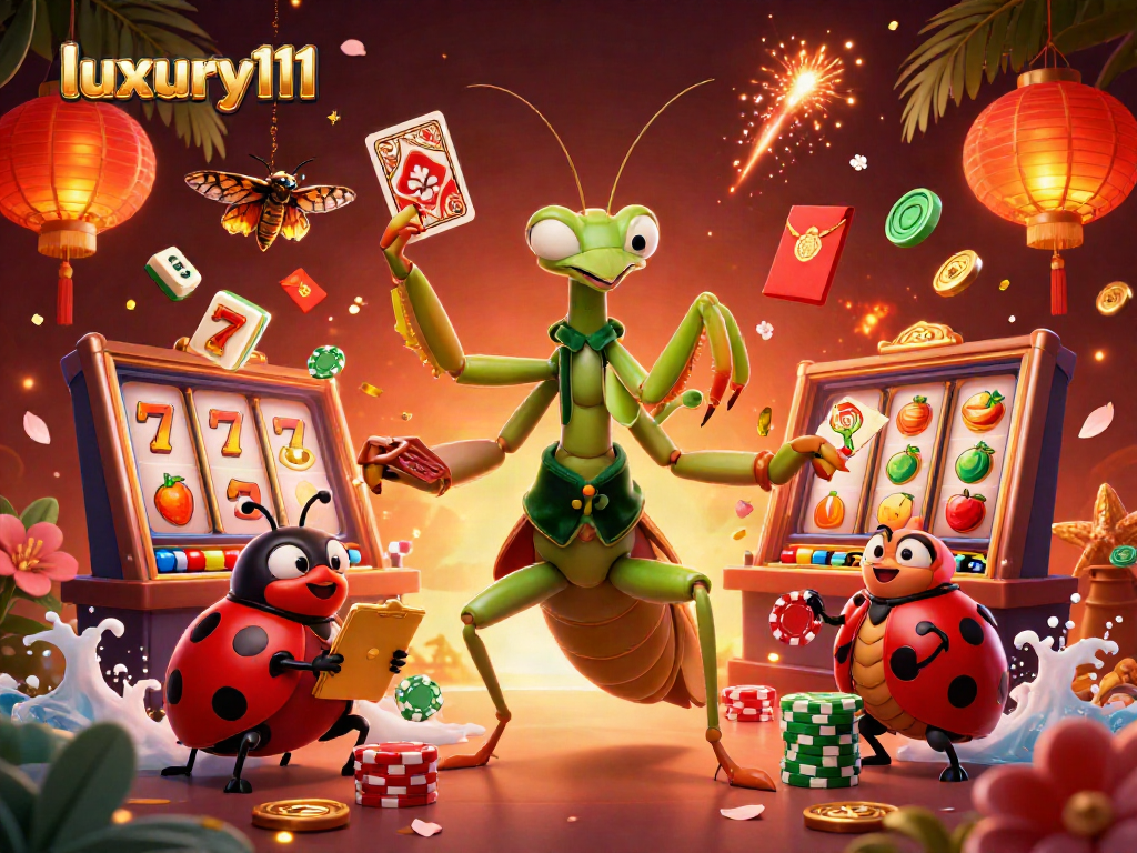 luxury111 features a vibrant casino scene with a 3D mantis dealer, dynamic slots, and festive decorations