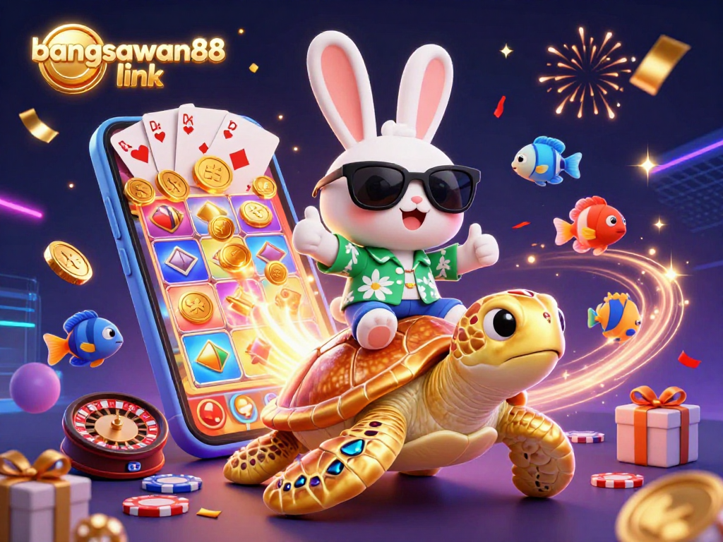 Play with the bangsawan88 link in this vibrant casino scene featuring lucky symbols and dynamic gaming elements.
