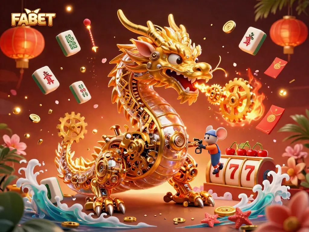 Experience thrilling FABET gaming with a golden dragon amid dynamic casino elements.