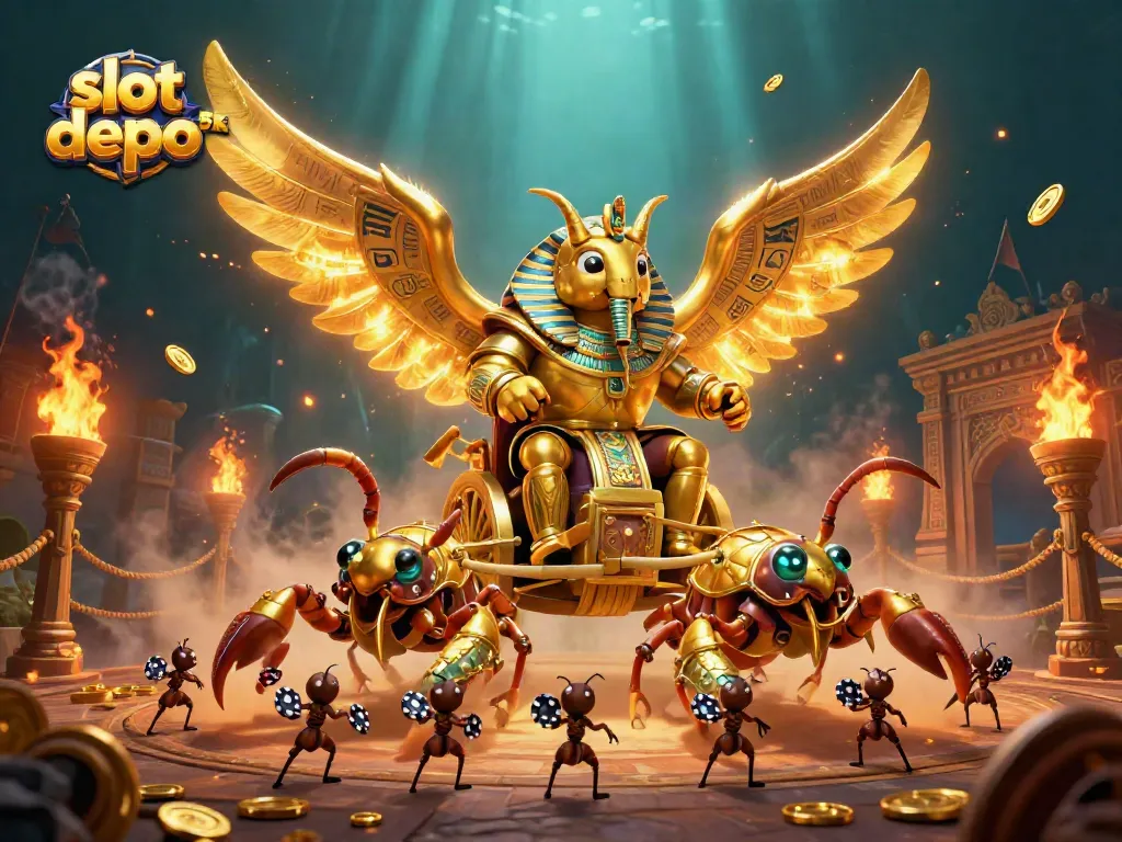Engage with slot depo 5k through an exciting 3D illustration of gameplay, featuring rich casino elements.
