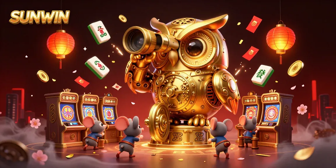 Trải nghiệm SUNWIN với hình ảnh con cú vàng khổng lồ và chuột nhỏ giữa các máy slot hấp dẫn.