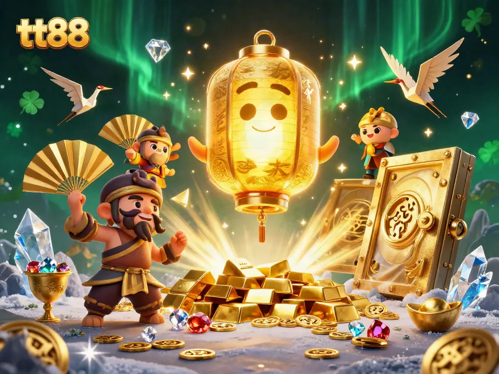 Experience thrilling wins at tt88 with vibrant games, golden treasures, and lucky symbols surrounding enchanting characters.