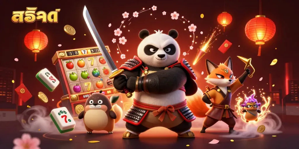 Spin the exciting สล็อต reels with a fierce samurai panda and a ninja fox in a dynamic casino scene.