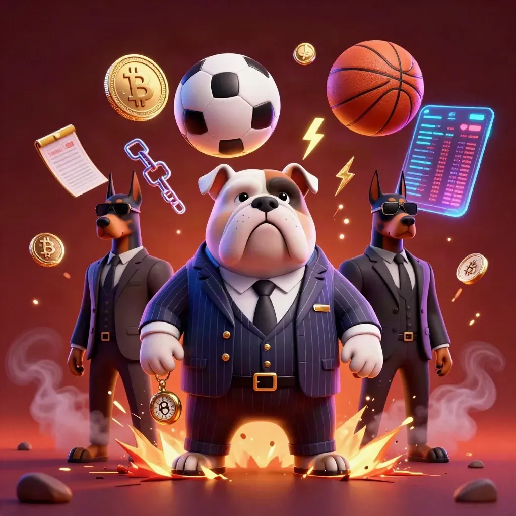 Cartoon bulldog boss and Dobermans amid crypto coins, balls, and neon casino effects
