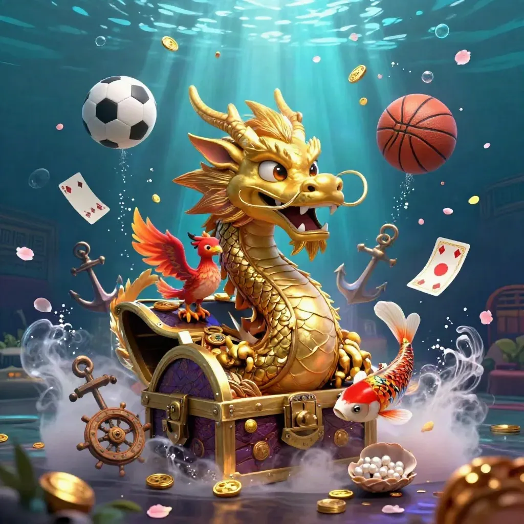 Gold dragon, phoenix, and koi amid coins, balls, and underwater treasure light.