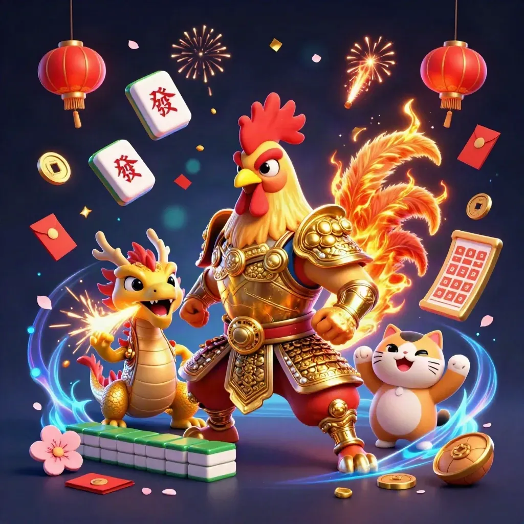 Rooster samurai, spark-breathing dragon hatchling, and cheering cat amid casino treasure and blue-gold light