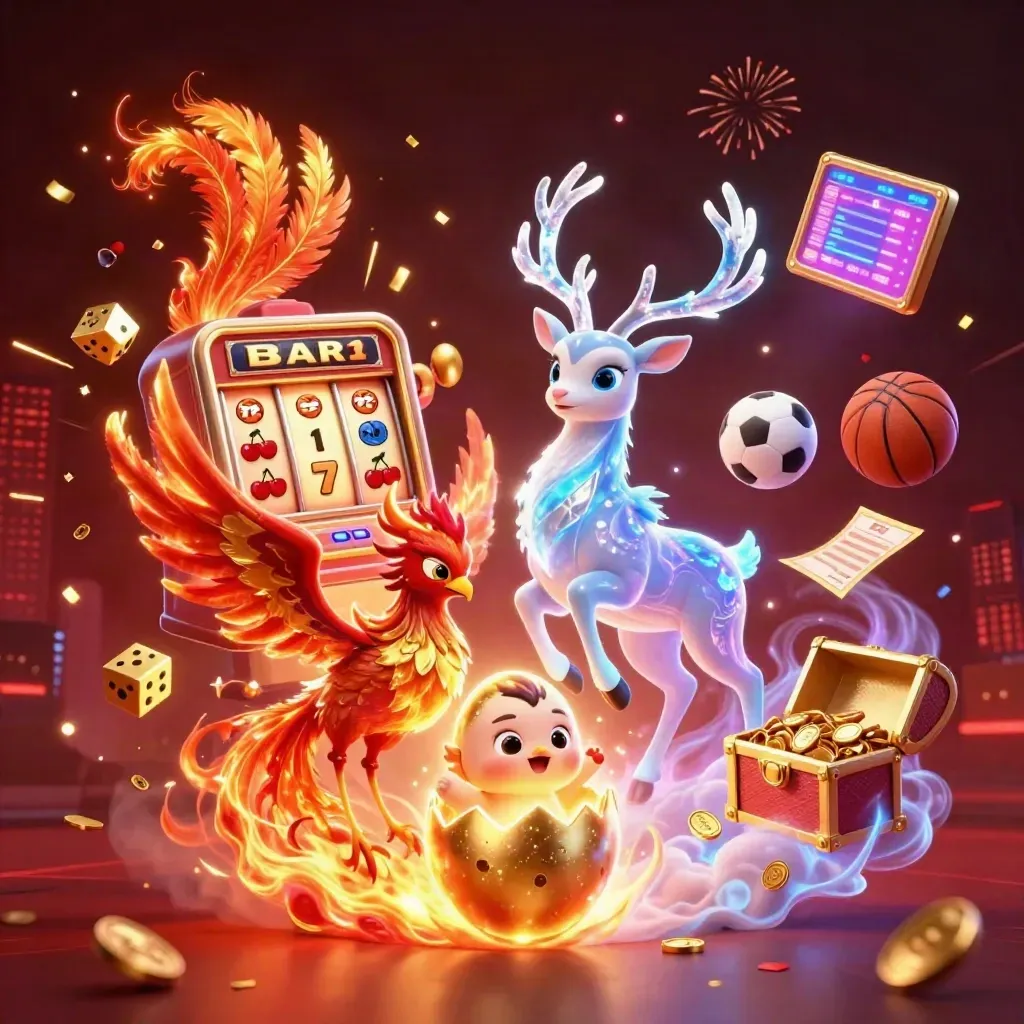 Phoenix, baby phoenix and crystal stag amid casino symbols, coins, and neon fireworks.
