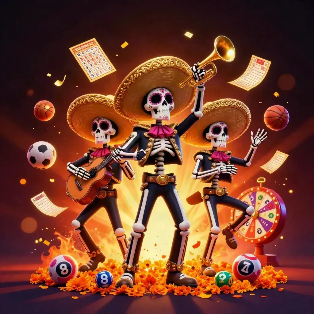 Skeleton mariachi trio amid casino-style game symbols, glowing in blue and gold.