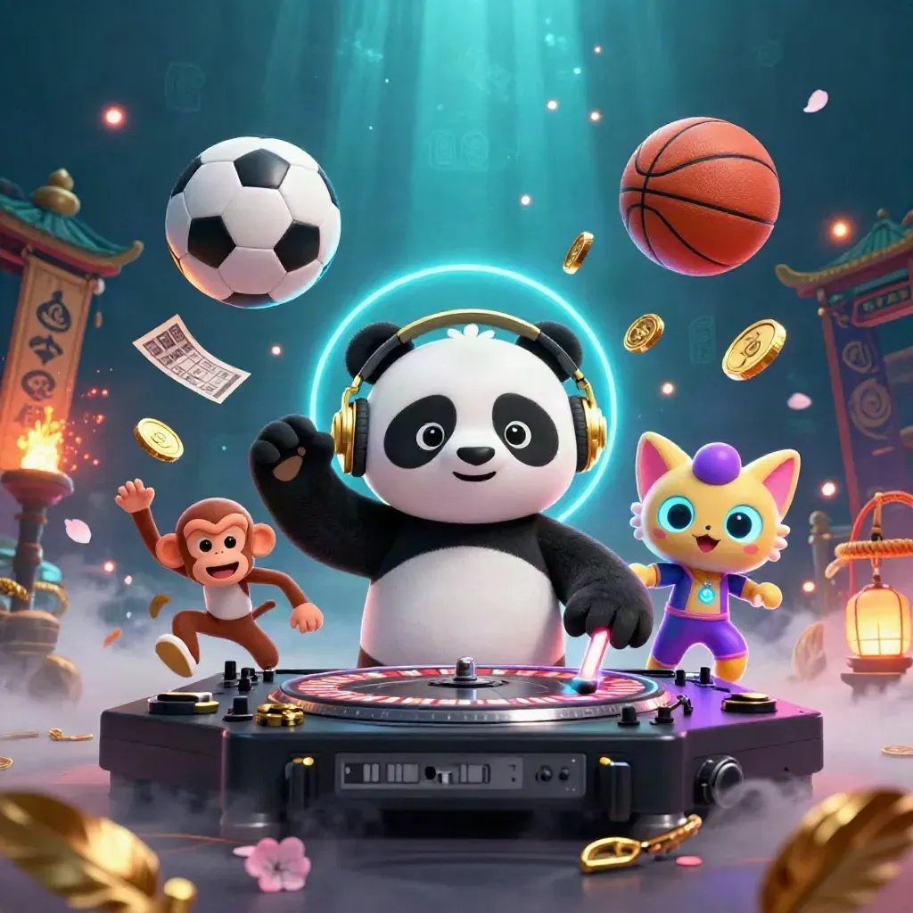 Low-angle neon casino scene with DJ panda, monkey and kitten amid flying balls, coins and light.
