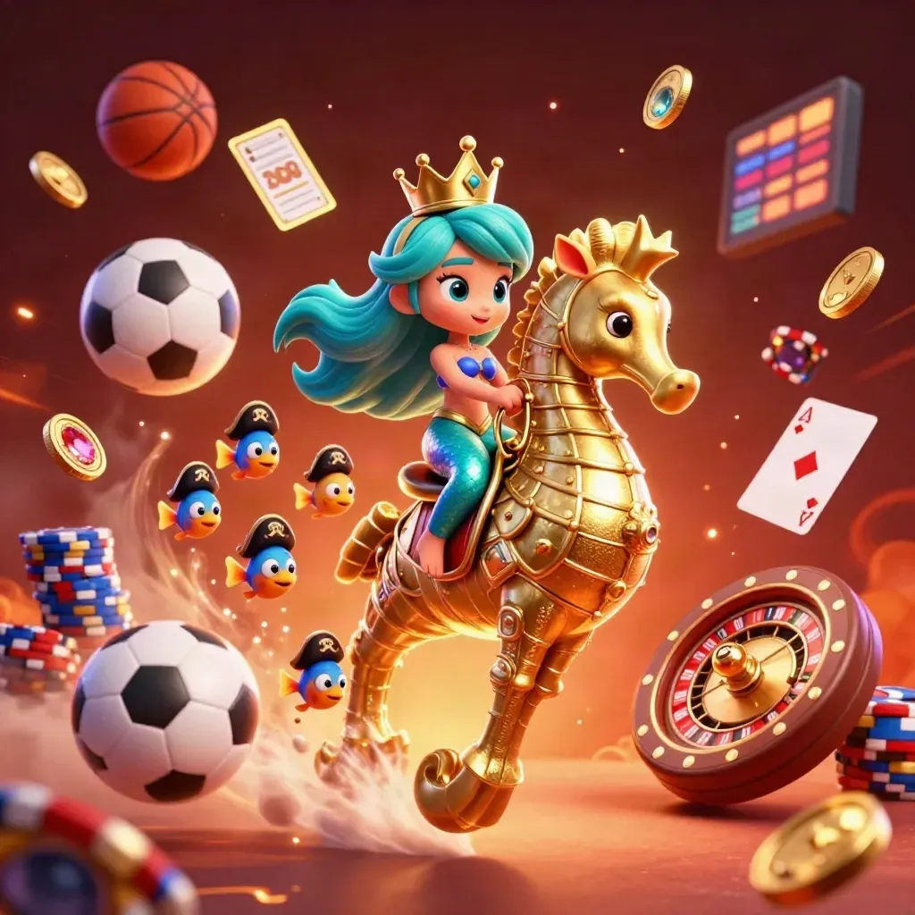 Mermaid princess on armored seahorse amid casino coins, cards, chips, balls, and glowing embers