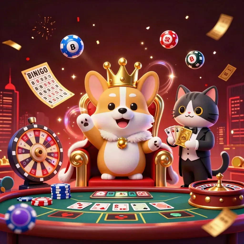 Royal corgi and cat butler in a neon casino scene with bouncing game props and fireworks.