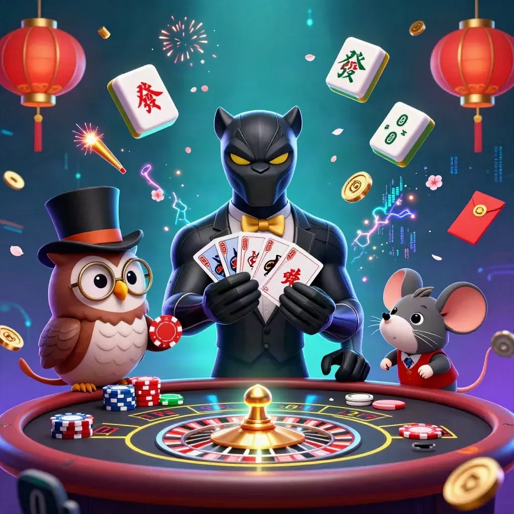 Black panther, owl, and mouse at a glowing casino table with neon effects and gold accents