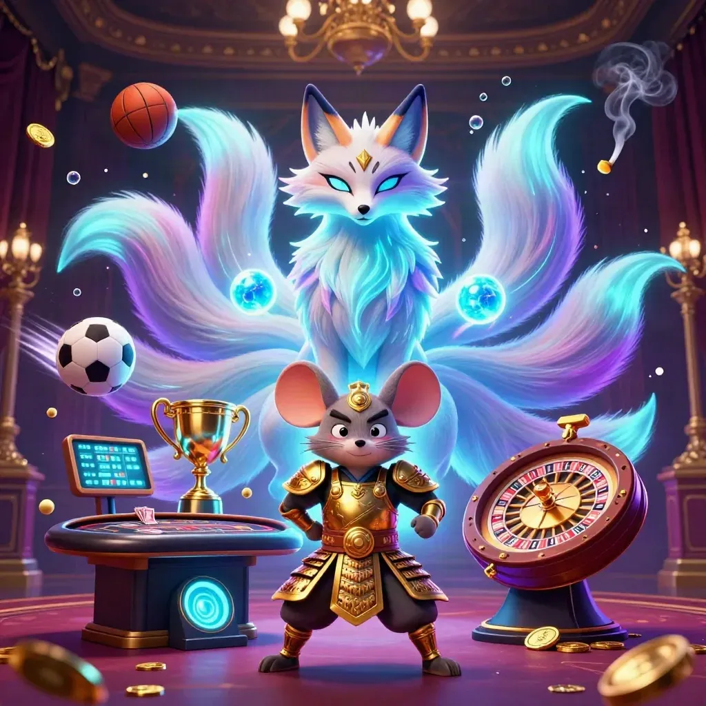 Fox spirit and armored mouse in a luxe casino room with roulette, balls, trophy, and gold glow.