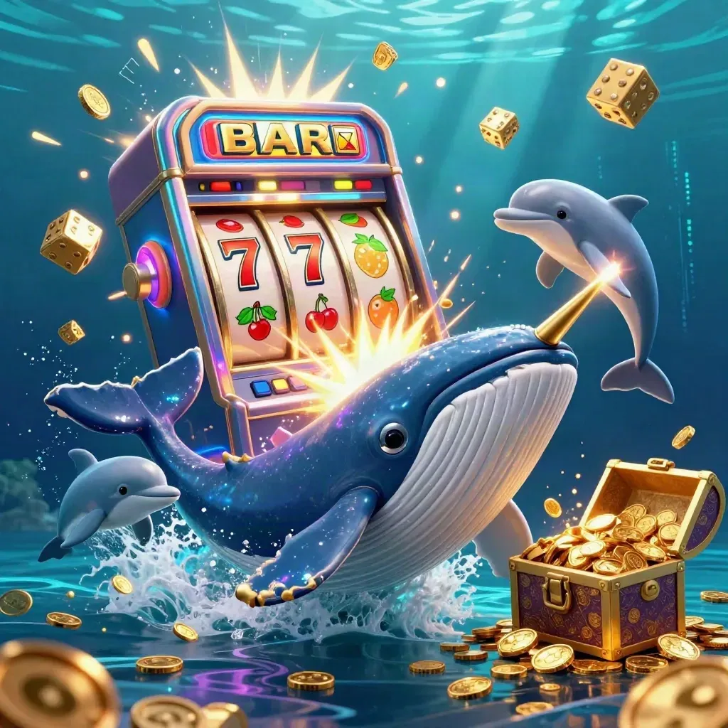 Whale captain, narwhal and dolphins burst through coins and treasure in a neon underwater casino.