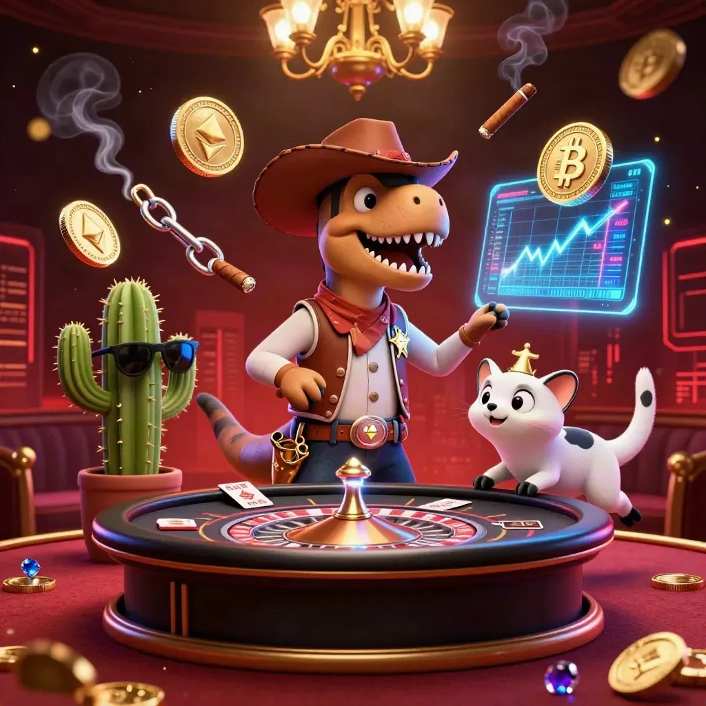 Three cartoon casino heroes with neon crypto effects in a dramatic red-black lounge