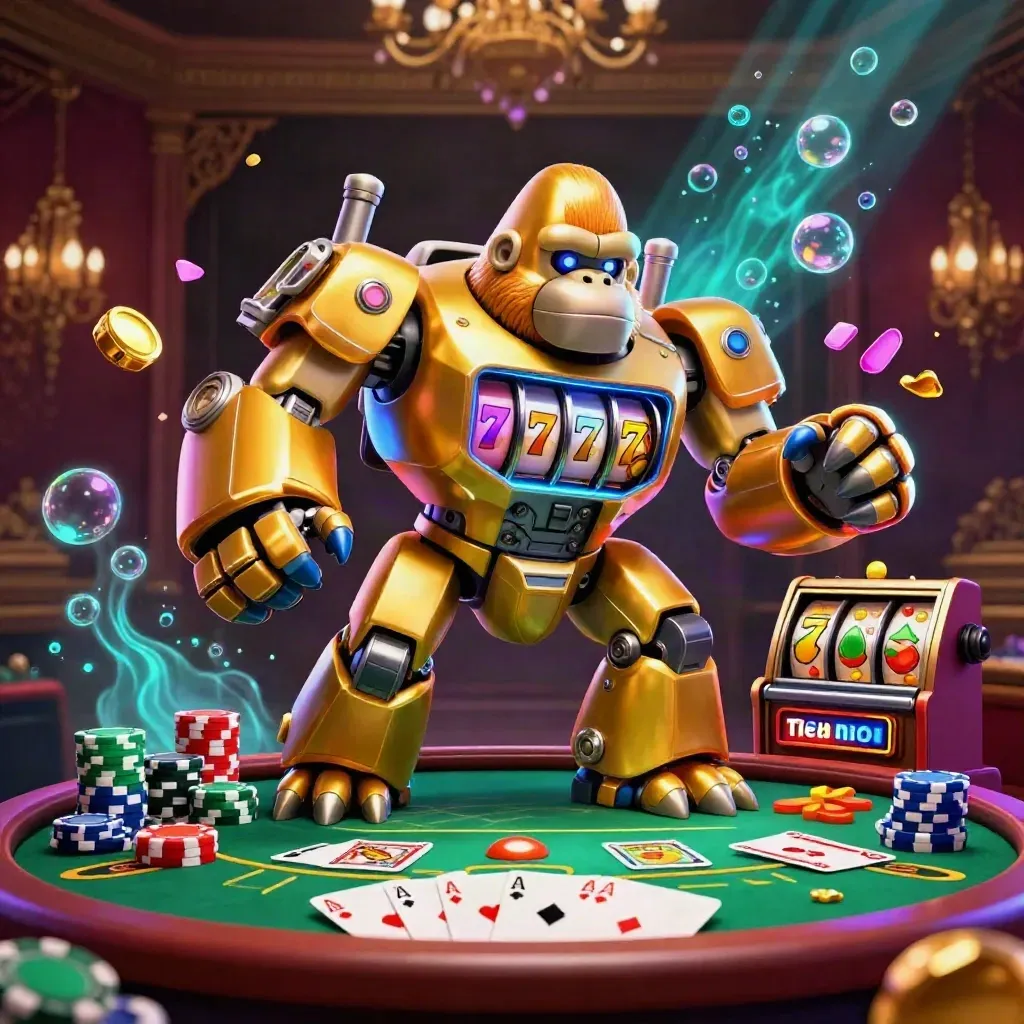 Golden gorilla mech with a tiny monkey pilot blasts chips, cards and neon casino loot.