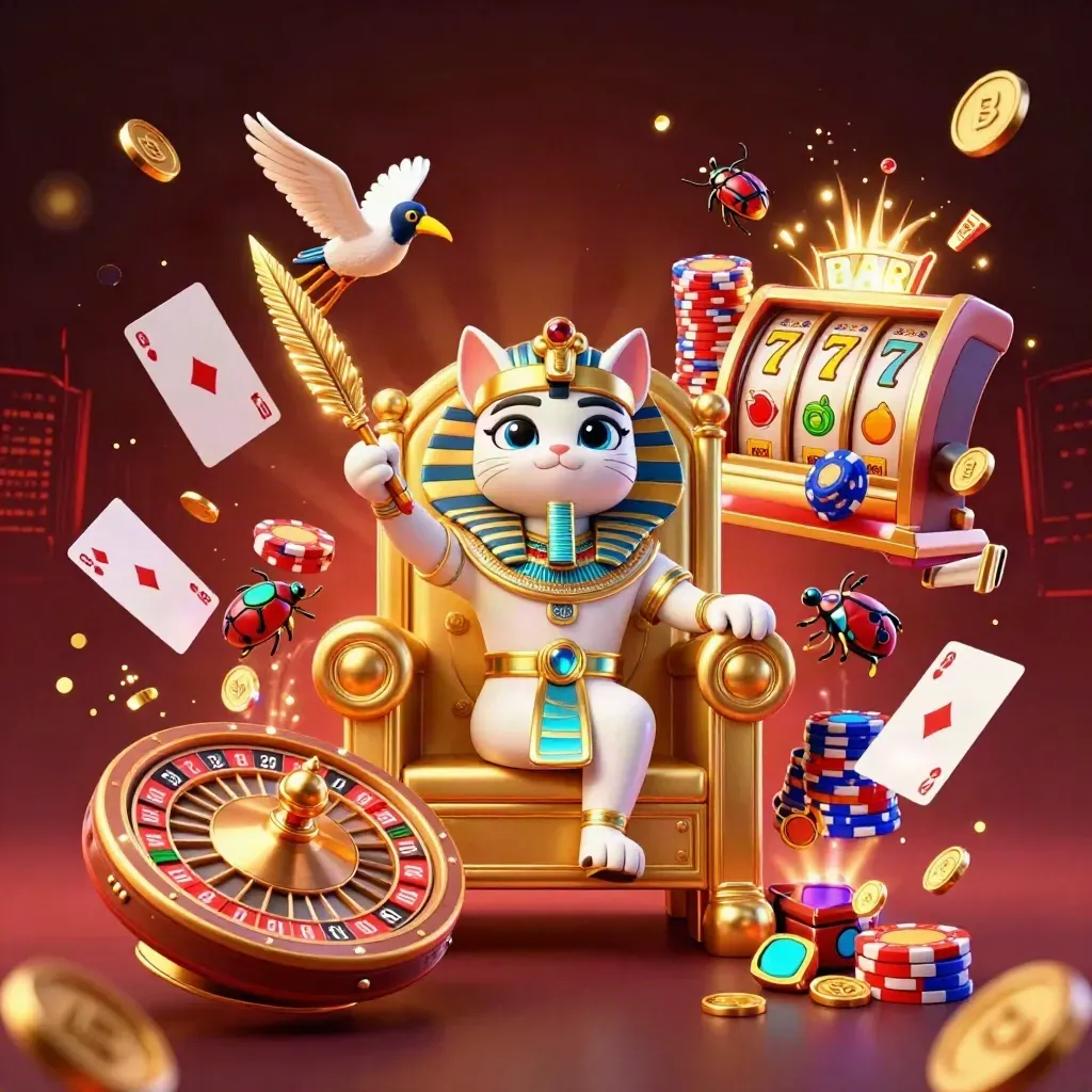 Pharaoh cat, ibis scribe, and gem-winged scarabs amid casino riches and neon light.