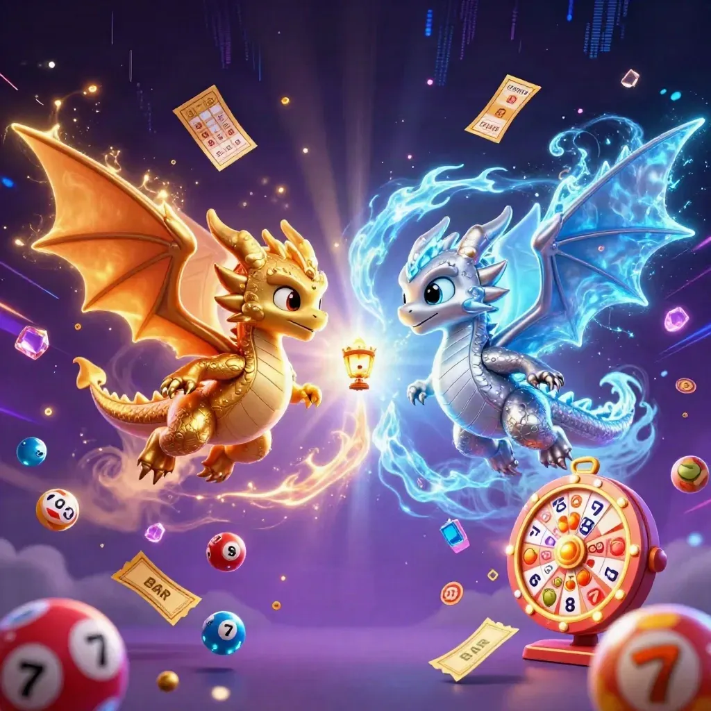 Gold and silver dragons spiral around a glowing lantern spirit amid casino treasures and neon sparks.