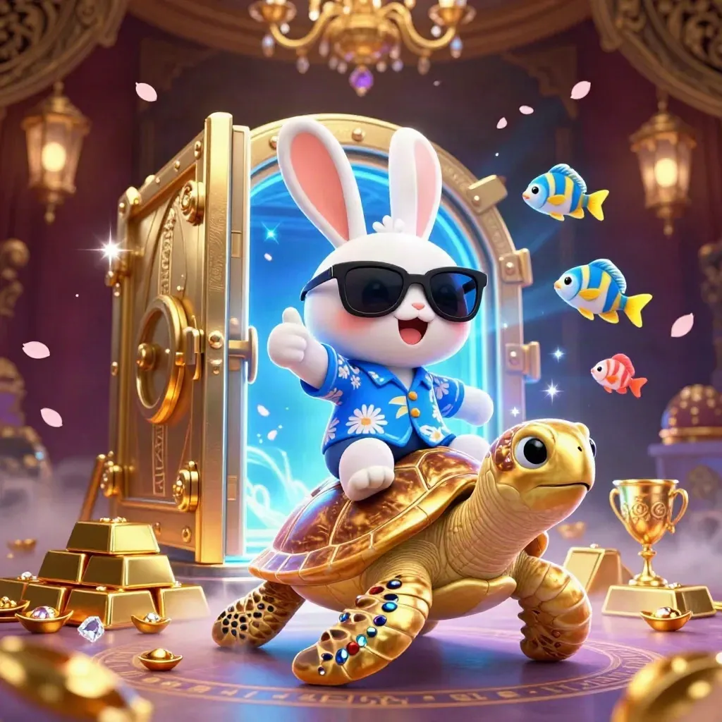 Lucky rabbit on a jeweled turtle bursts from a glowing vault amid gold and gems.
