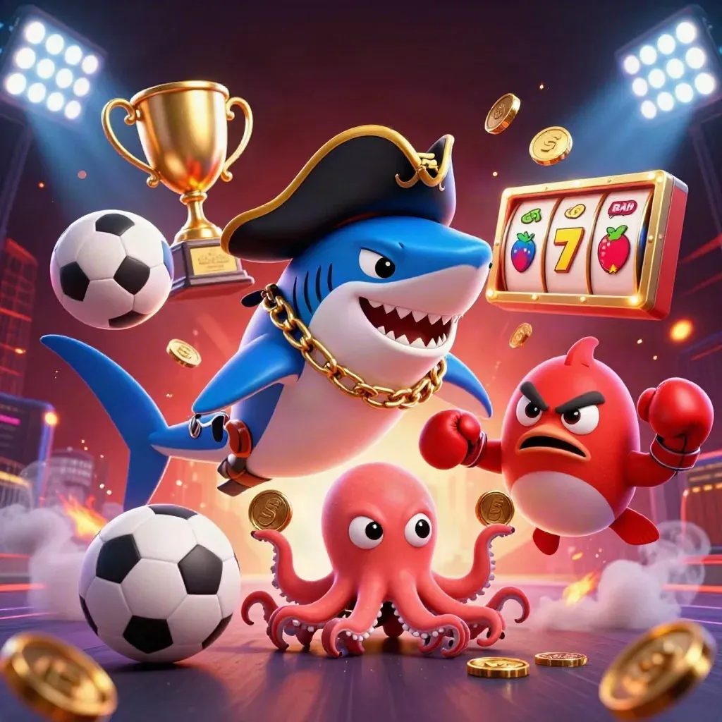 Shark pirate, boxing pufferfish, and juggling octopus amid coins, balls, and neon casino effects.