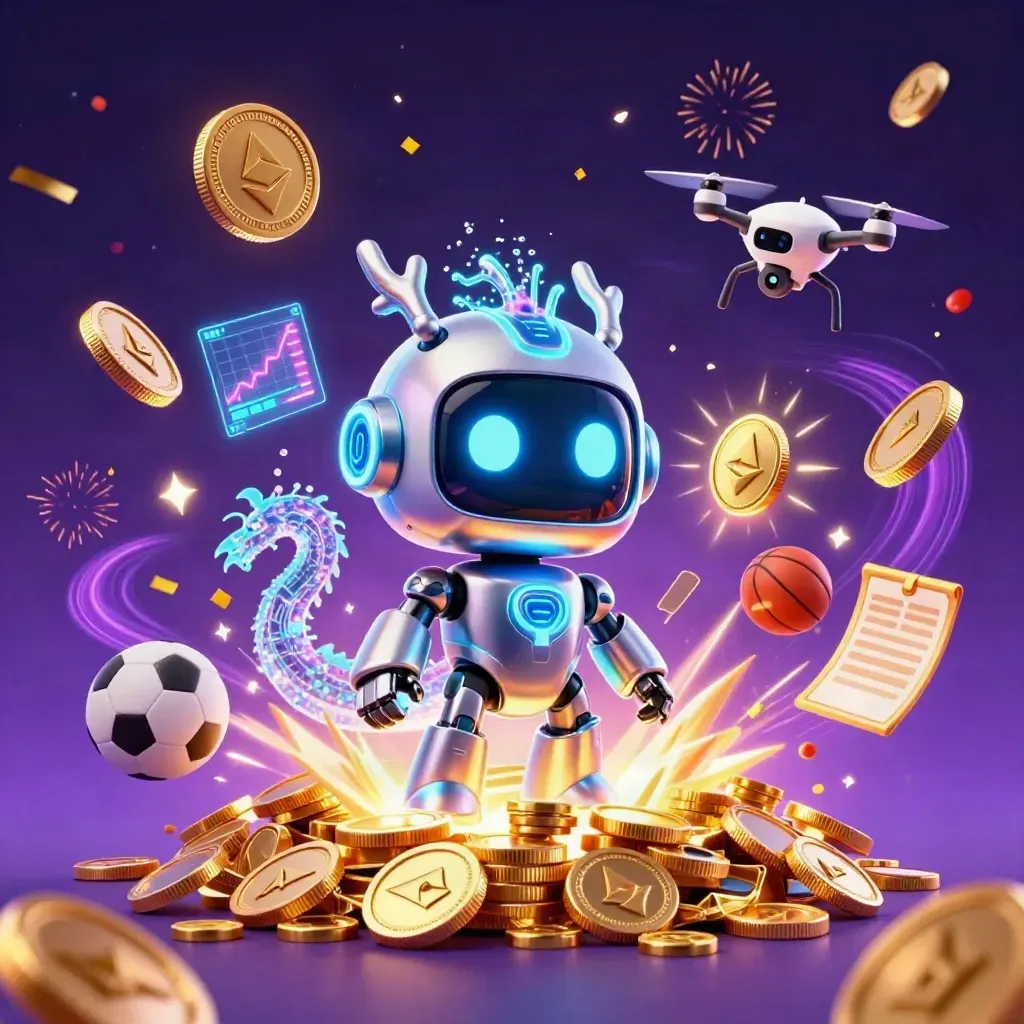 Cyberpunk robot, holographic dragon, and coin drone amid vault burst, coins, fireworks, and neon casino energy.