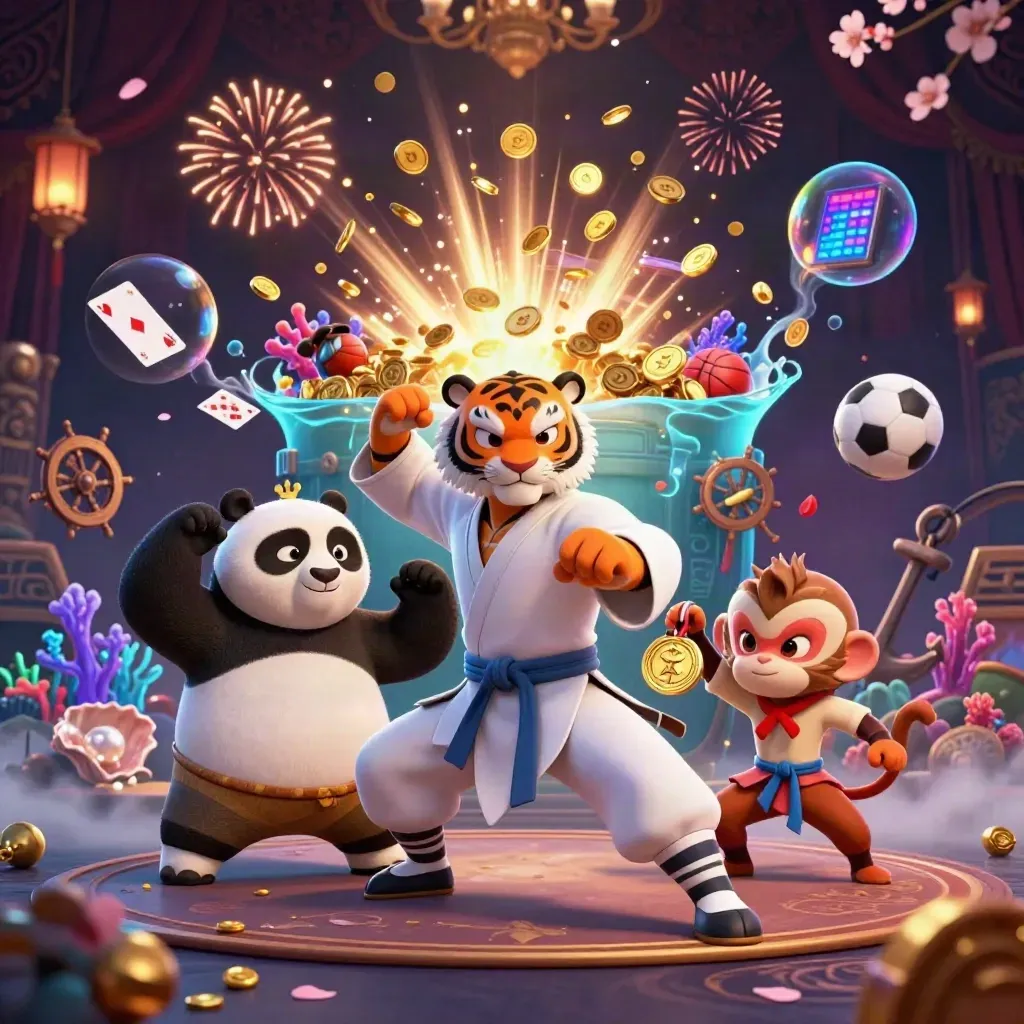 Tiger, panda, and monkey celebrate treasure in a glowing underwater casino cove.