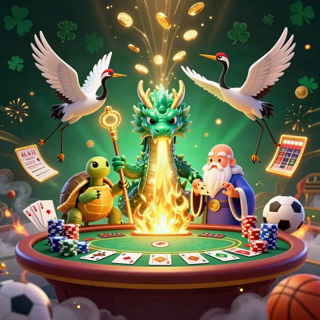 Dragon, turtle sage, and cranes amid casino chips, cards, coins, and fireworks