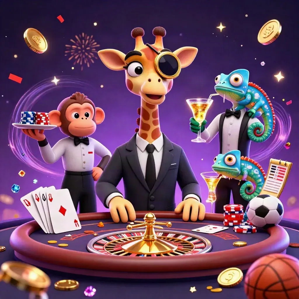 Giraffe, monkey valet and chameleon bartender amid coins, chips, fireworks and casino glamour.