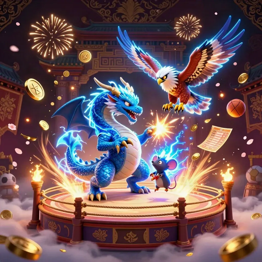 Thunder dragon, wind hawk, and static mouse amid bursting coins, temple gate, and fireworks