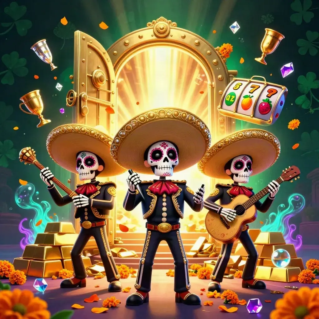 Skeleton mariachi trio with gold vault, gems, slot reels, and neon casino glow.