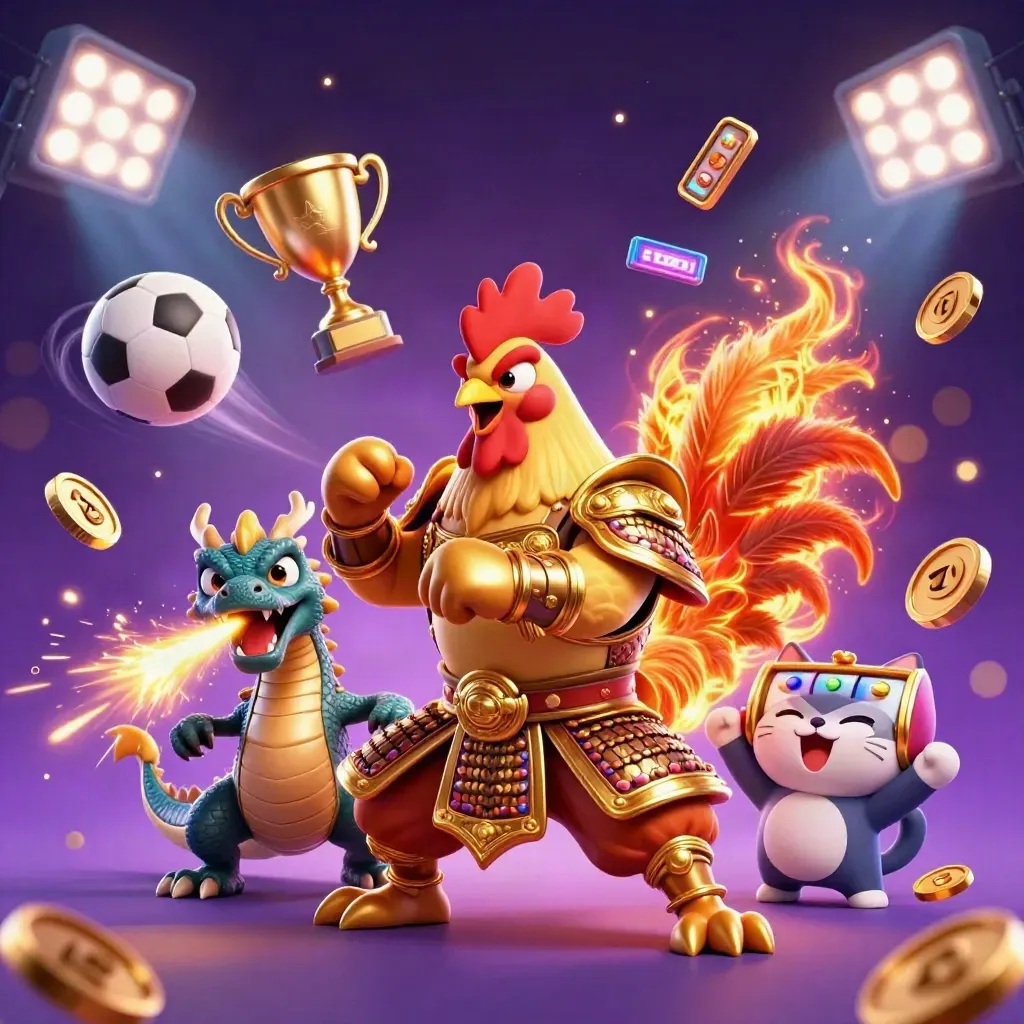 Rooster samurai, spark-breathing dragon hatchling, and cheering fortune cat in a casino power scene.
