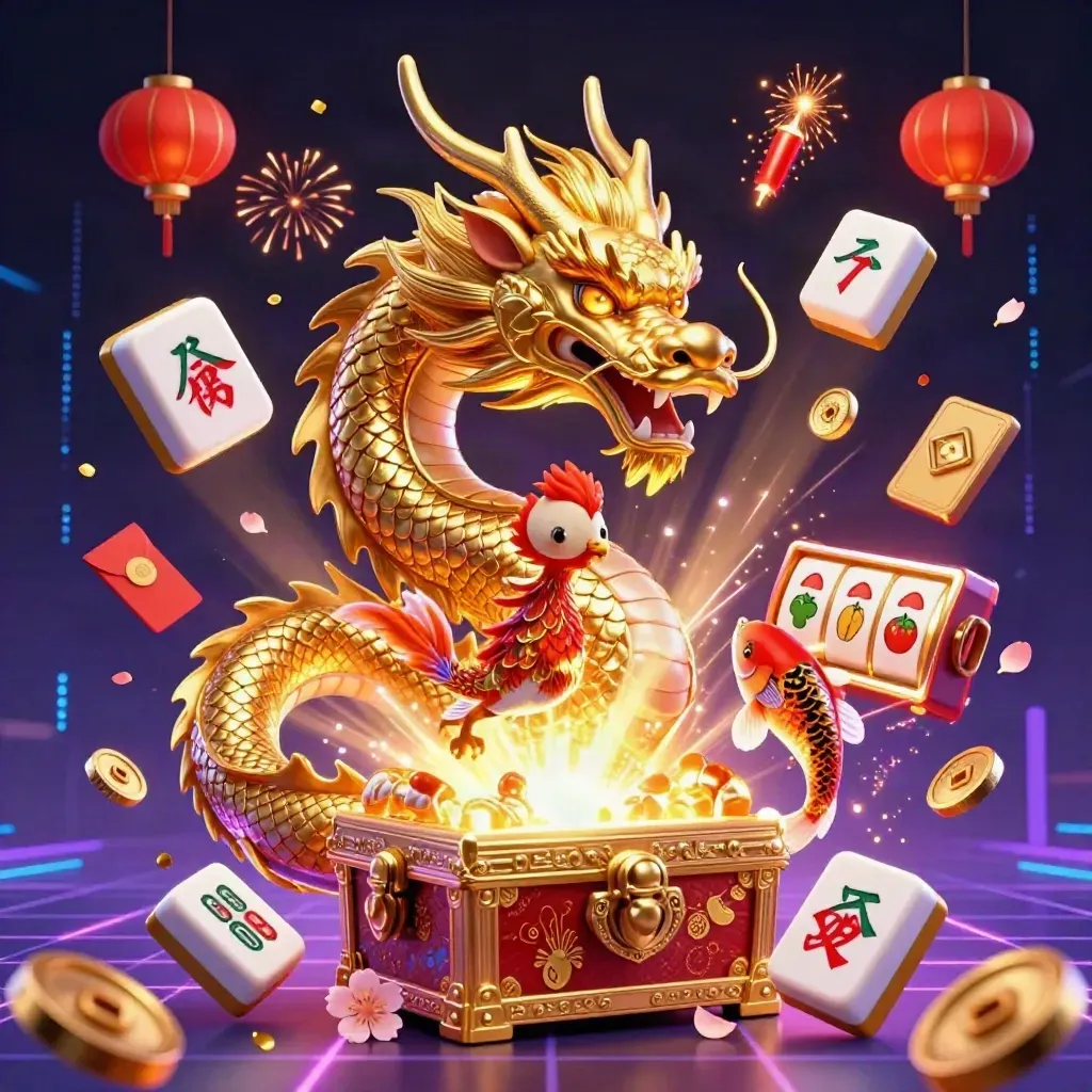 Golden dragon with phoenix and koi amid casino tiles, lanterns, coins, and neon energy on a dark grid.