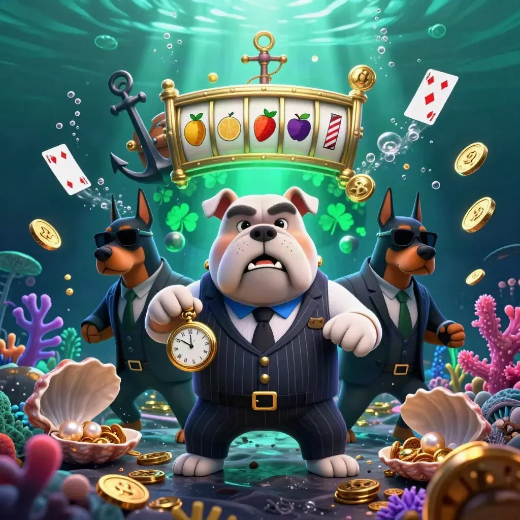 Bulldog boss with two Dobermans amid coins, cards, coral and glowing underwater casino effects.