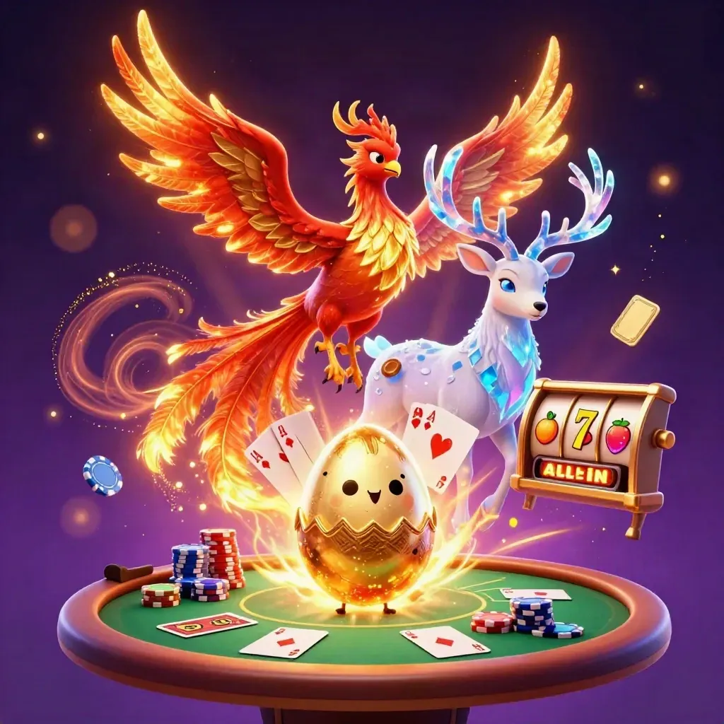 Phoenix, hatching chick, and crystal stag amid casino chips, cards, and glowing reels