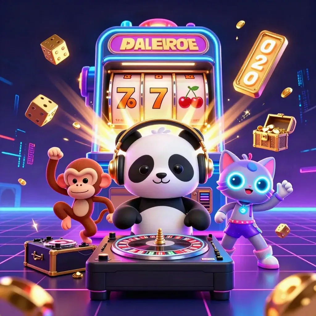 DJ panda, dancing monkey, and rave kitten amid neon slots, gold, and jackpot energy.