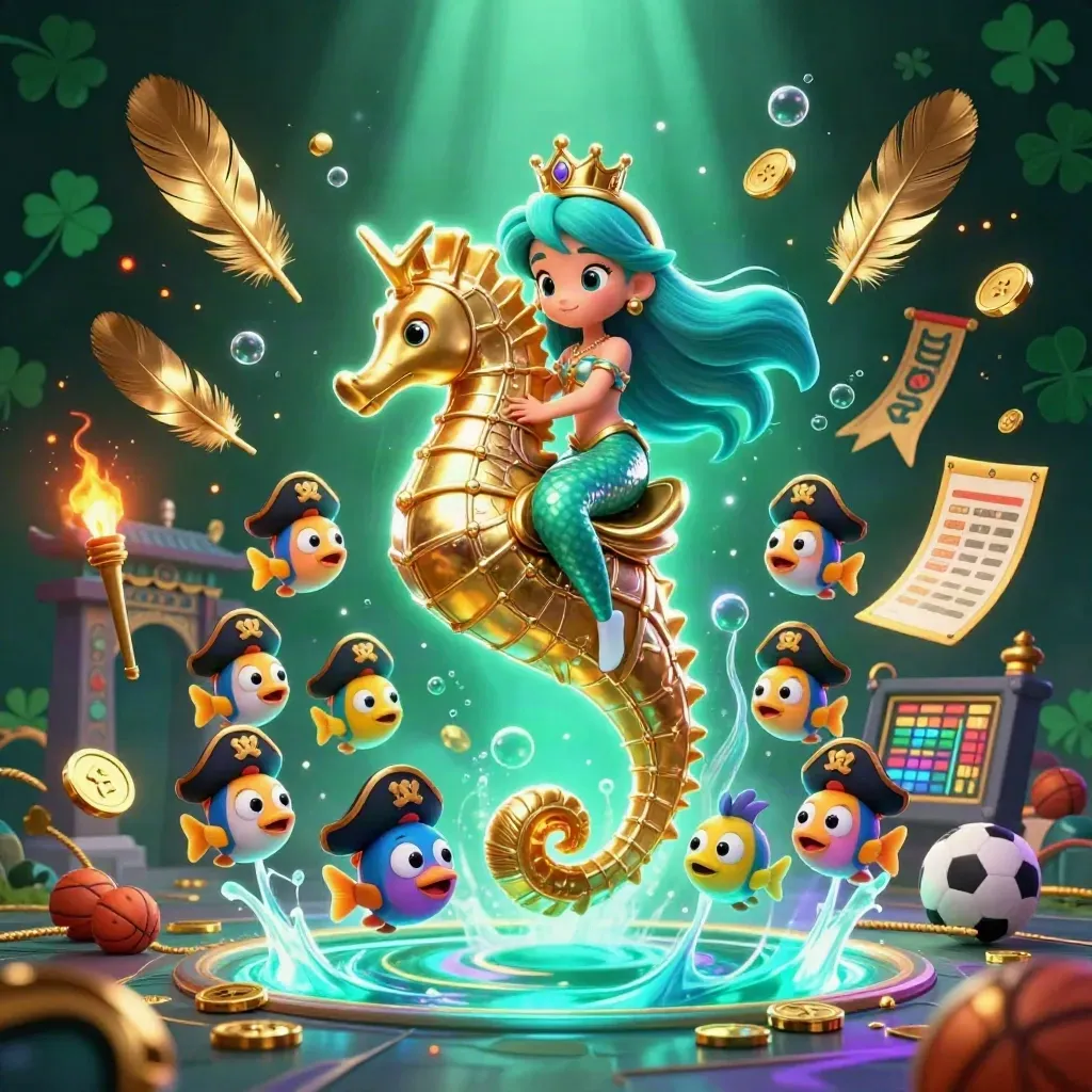 Mermaid princess on a golden seahorse with pirate fish, coins, sports tokens, and neon casino glow