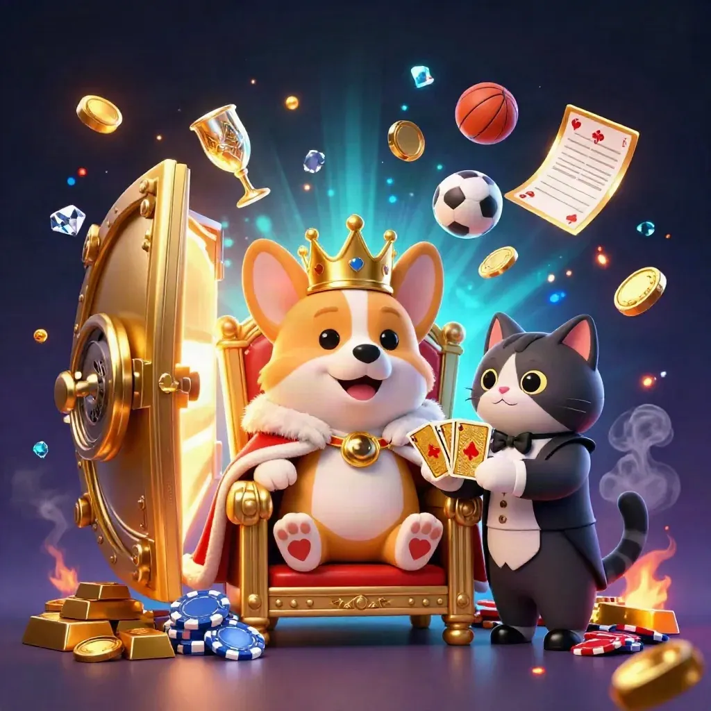 Royal corgi and cat butler amid vault gold, gems, sparks, and neon casino energy.